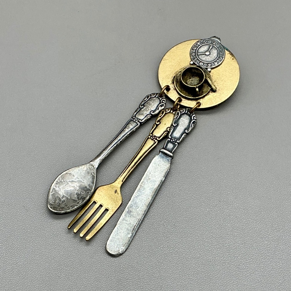Susan L Richardson Brooch Vintage Teacup Flatware Dangle Mixed Metal Signed 3.5"